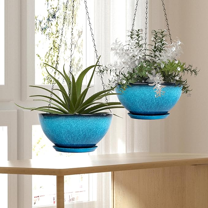2 Pack 10 inch Hanging Planters, Plastic Hanging Plant Pots with Drainage Hole and Chain, Hanging Flower Pots for Outdoor Indoor Plants (Blue)