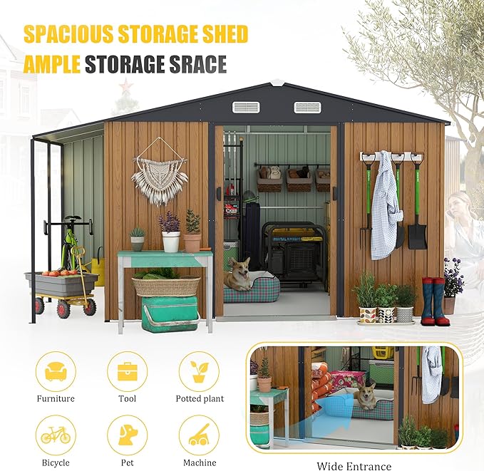 10x12 FT Outdoor Storage Shed,Extra Large Metal Garden Tool Shed with Lockable Doors,Windows & Air Vents,Dual-Zone Design Outside Steel Tiny House for Backyard, Patio Lawn,Yellow