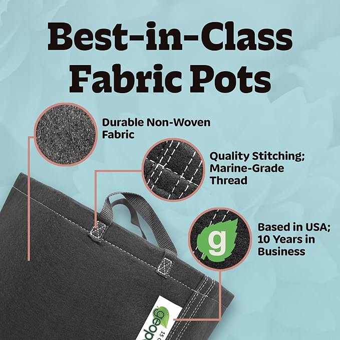 GeoPot 15 Gallon Fabric Grow Bags with Handles for Vegetables, Houseplants, Herbs & Flowers |5-Pack| Fabric Pots for Outdoors and Indoors, Aerated Fabric Grow Bags