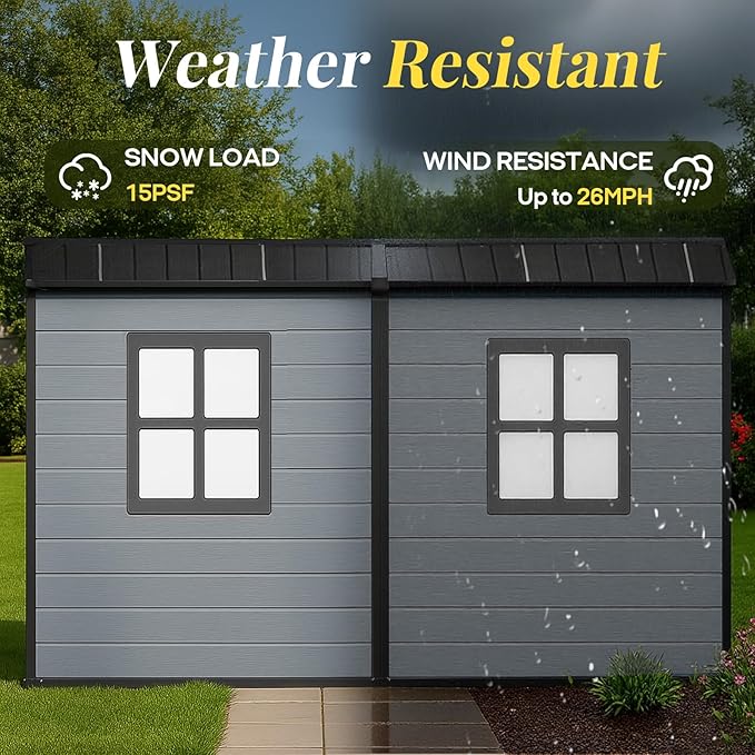 4x8ft Lean to Shed, Resin Outdoor Storage Shed with Floor and 2 Windows, Plastic Sheds & Outdoor Storage Clearance for Patio Furniture, Garden Tools Bike Accessories, Beach Chairs, Black+Grey