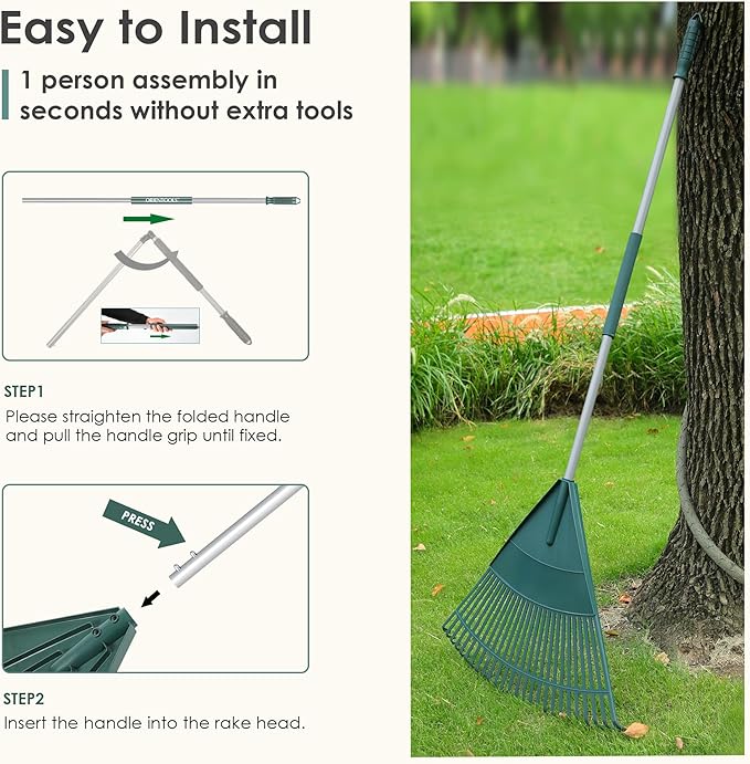ORIENTOOLS Garden Leaf Rake, Garden Rakes for Lawns Leaves with 65.7" Foldable Handle Rake, 26 Strong Tines Plastic Head Shrub Rake, Yard Garden Rake for Lawns, Grass, Flower Beds Leaves Cleaning