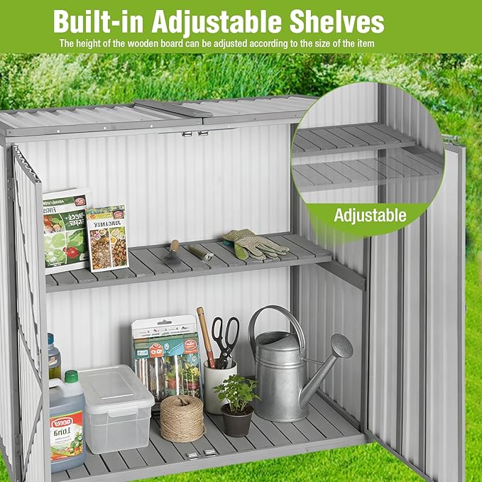 Outdoor Storage Shed with Metal and Wood Frame, Resin Garden Sheds with Removable Shelves and Floor, Weatherproof Plastic Roof Outdoor Trash Can Shed, Horizontal Storage Cabinet for Patio(White)