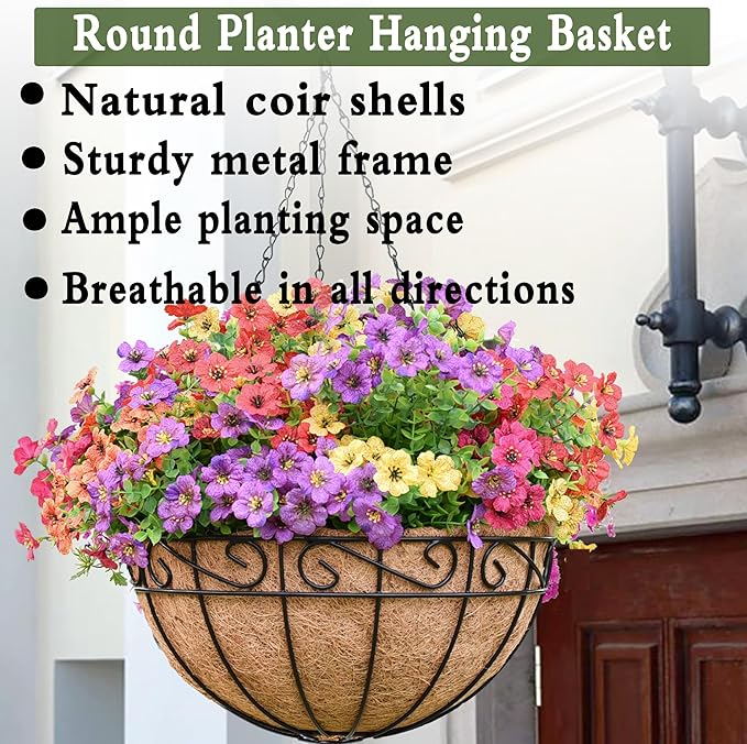 14 Inch Hanging Planters (4 Pack) - Round Metal Baskets with Cocoa Liners for Indoor/Outdoor Gardens, Porch & Patio Decor（HB）
