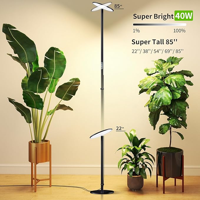 chiphy Grow Lights, 85" Full Spectrum Plant Light for Indoor Plants, 4/8/12H Timer, 40W Grow Lamp, 10 Dimmable Brightness, Height Adjustable, Ideal for Large Tall Plants