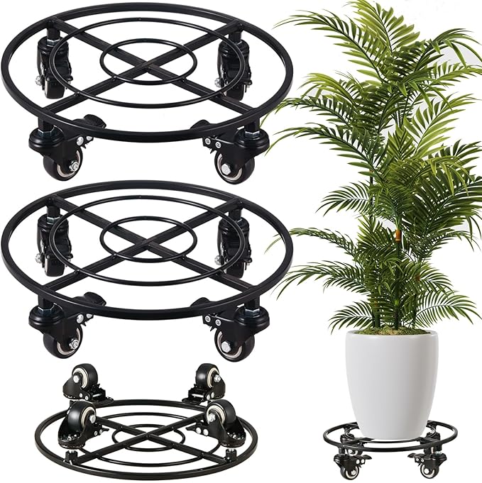 2 Packs Large Metal Plant Caddy with Wheels 13.6" Rolling Plant Stands Heavy-Duty Wrought Iron Plant Dolly Plant Rollers Planter Mover with Metal Casters, Strong Load Capacity