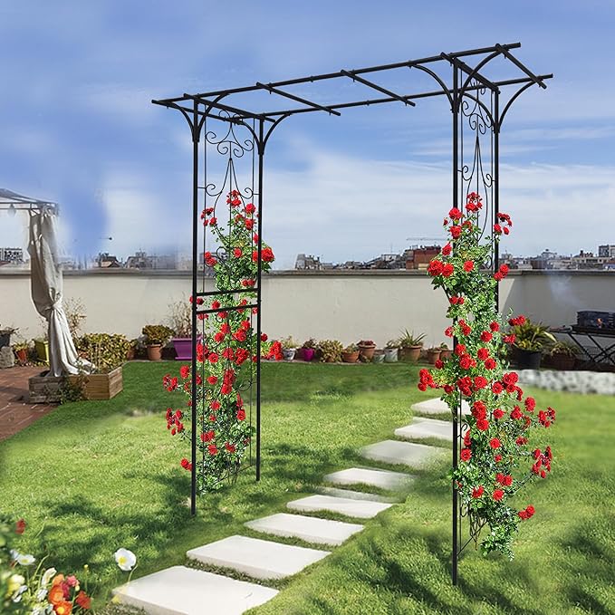 Metal Garden Arch, Assembly Garden Arbor,Trellis Climbing Plants Support, Rose Outdoor Arch,Wedding Arch Party Events Archway (Black, W20.47'' x H81.1)