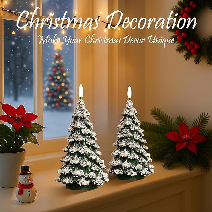Christmas Tree Candles Covered in Snow with Remote, 2 Pcs Waxy LED Flameless Candles Flickering, Green Electric Candles Battery Operated for New Year Celebration Holiday Decorations 8.5 Inches