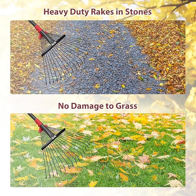 61 Inch Rake for Leaves , Adjustable 18 Tines with Expandable Head 9-18in Grass Rake Heavy Duty Metal Rakes for Women Children Yard Gardener Gardening Grass Debris Lawns