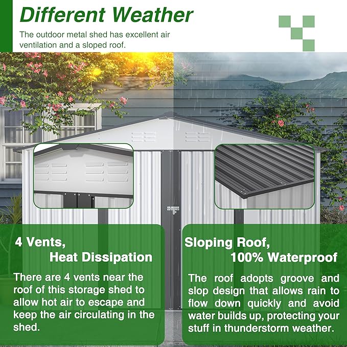 10X8 FT Outdoor Storage Shed W/Lockable Hinge Doors,Metal Shed W/Sloped Roof & 4 Air Vents,All Weather Garden Tool House for Backyard Patio Lawn,White