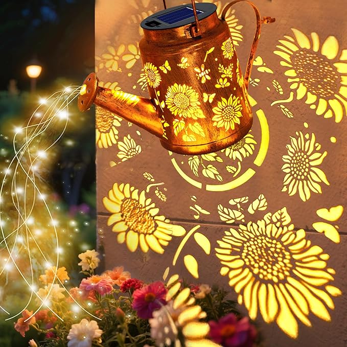 VOOKRY Solar Lights Outdoor Waterproof, Sunflower Metal Solar Watering Can Lights, Birthday Gifts for Women Mom Grandma Christmas, Hanging Garden Decor Yard Light for Outside Patio Lawn Porch