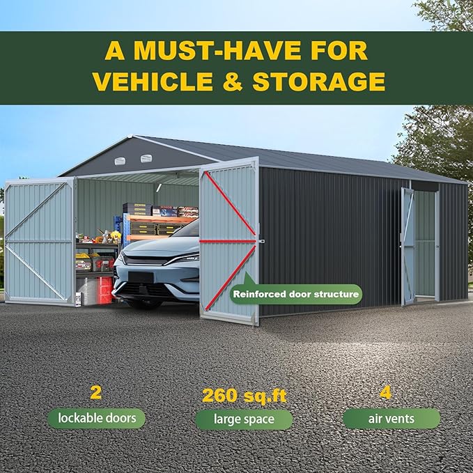 Metal Garage Shed 10x20 FT, Sheds & Outdoor Storage Clearance, Outdoor Storage Shed for Car, Truck, Bike, Lawnmower, Backyard Tool House, Boasting 2 Doors and 4 Vents, Dark Gray