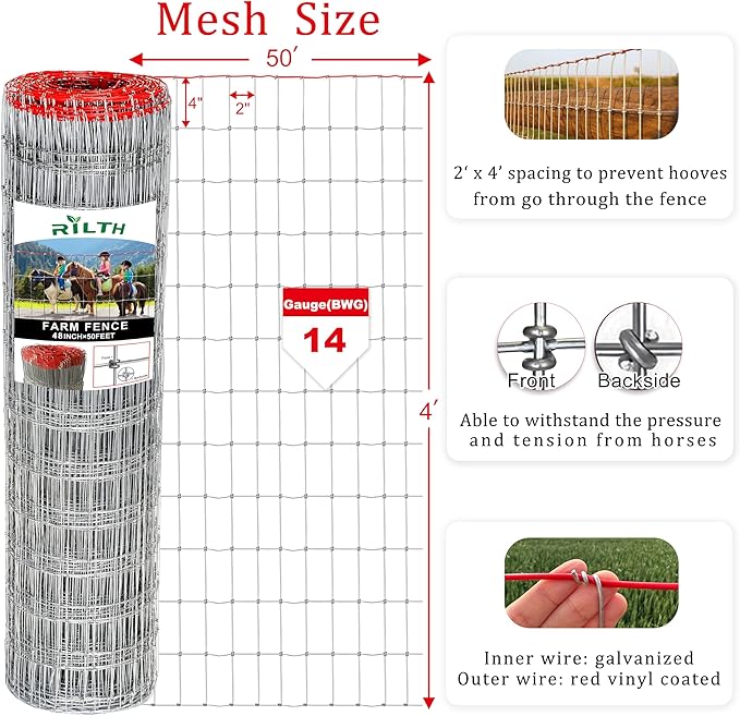 4x50FT Horse Fence, 2x4 Inch Mesh, Durable No-Climb Horse Fencing for Cattle, Goats,Sheep,Large Dogs, Livestock, Woven Wire Fencing for Farm, Garden and Field Use