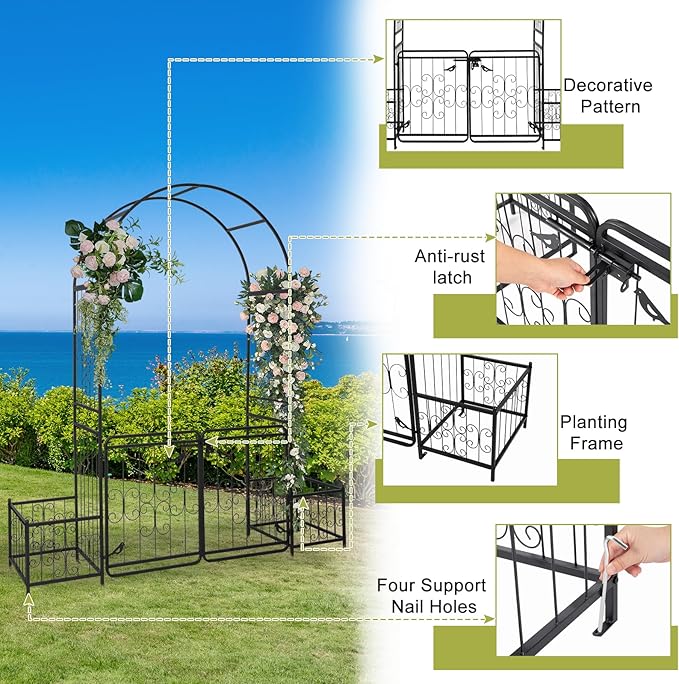Garden Arbor with Gate and Planter, 7FT Wedding Arches for Ceremony, Metal Arbor Trellis for Climbing Plants Outdoor, Black Garden Archway for Lawn, Patio and Backyard, Includes Ground Stakes