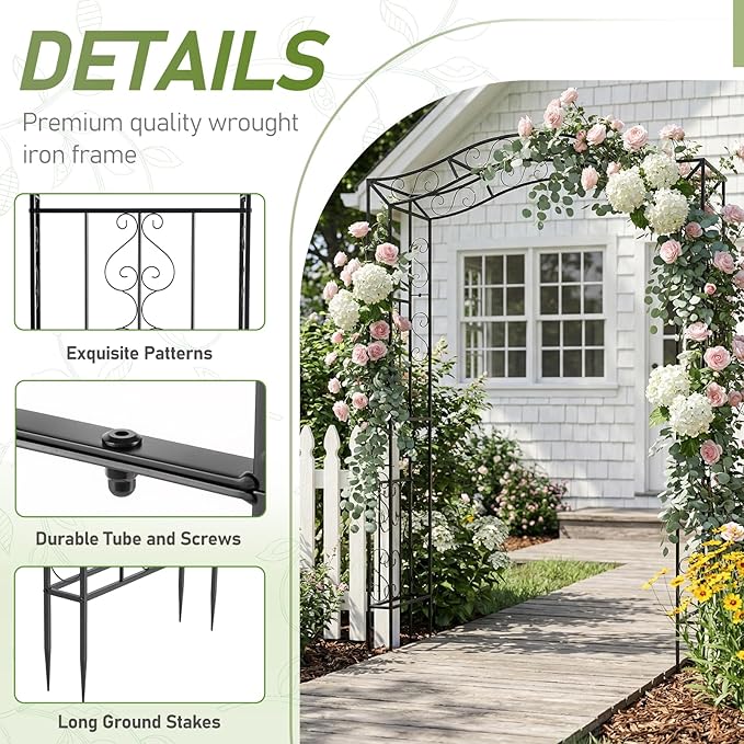 Outvita Garden Arch Trellis, Metal Garden Arbor Archway for Climbing Plants Outdoor - Durable Iron Garden Arbors with Long Ground Stakes, for Garden Wedding Party Decoration