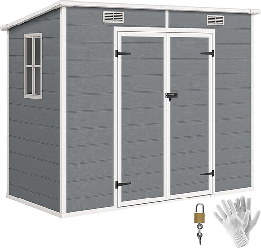 Outsunny 8' x 4' Outdoor Storage Shed, Plastic Shed with Vent, Window and Double Lockable Doors, Utility Resin Shed for Patio, Backyard, Lawn, Garage, Gray