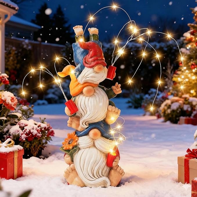 Christmas Gnomes Decorations for Yard, Triple Stacked with Firework Lights, Solar Garden Gnome Outdoor Decor Statue for Patio Lawn, Christmas Birthday Gift for Mom Grandma (11.5in)