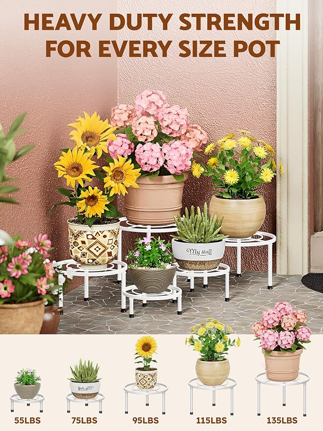 5 Pack Metal Plant Stands, Anti-Rust Plant Pot Shelf, Heavy Duty Black Iron Plant Stand, Rustproof Iron Round Planter Potted Holder for Home,Patio,Balcony Decor(WhiteCircle)