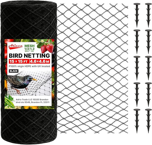 Heavy Duty Bird Netting for Garden Protection & Fruit Trees, 15x15 Ft with 10 Stakes – Black Anti-Bird Net for Poultry, Deer, & Squirrel Protection, Durable Nylon Mesh for Garden and Yard Use