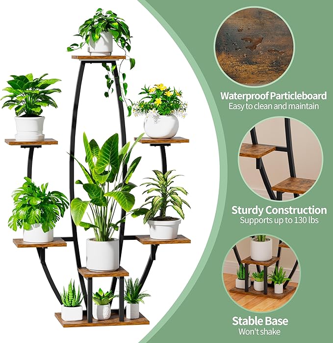 JUSTOGO Plant Stand Indoor with Grow Lights - 7 Tiered Large Plant Shelf, 47" Corner Shelf for Indoor Plants Multiple, Metal Flower Holder Curved Display Rack for Living Room, Home Decor, Patio