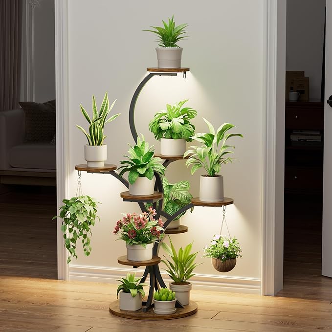 Plant Stand Indoor with Grow Lights - 8 Tiered Tree-Shaped 46.3" Tall Corner Plant Shelf, Grow Light Shelf Display for Indoor Plants Multiple, Flower Holder for Living Room Patio Balcony Décor