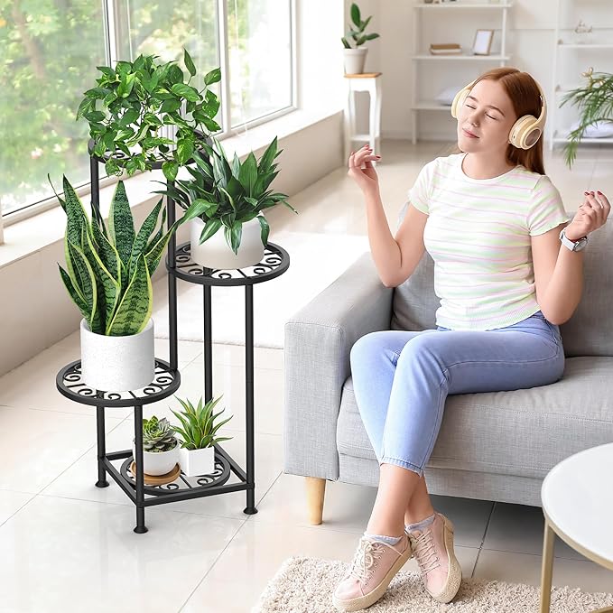 4 Tier Plant Stand Indoor Outdoor, Metal Flower Shelf Display Holder, Multiple Plants Corner Tall Flower Holders for Patio Balcony Porch Garden Living Room (Black)