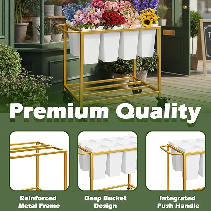 Flower Cart with 8 Buckets,Flower Cart Display Stand with Wheels,Bloom Bar,Flowers Stand for Wedding ,Party and Home Decor,Gold