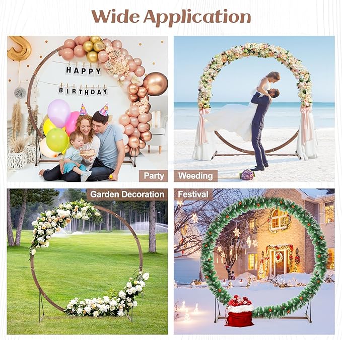 S AFSTAR 7.4FT Round Wedding Arch Wooden, Flower Balloon Arch Stand W/Triangular-Shaped Base, 4 U-Shaped Stakes, Indoor Outdoor Boho Decor Round Arch Backdrop Stand for Wedding Ceremony Party