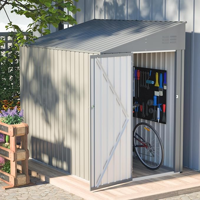 4x7 FT Outdoor Storage Shed,Lean to Lockable Metal Garden Shed Steel with Reinforced Beams,All Weather Waterproof Storage House W/Lockable Door&2 Air Vents,for Backyard,Patio,Lawn,Garden,Gray