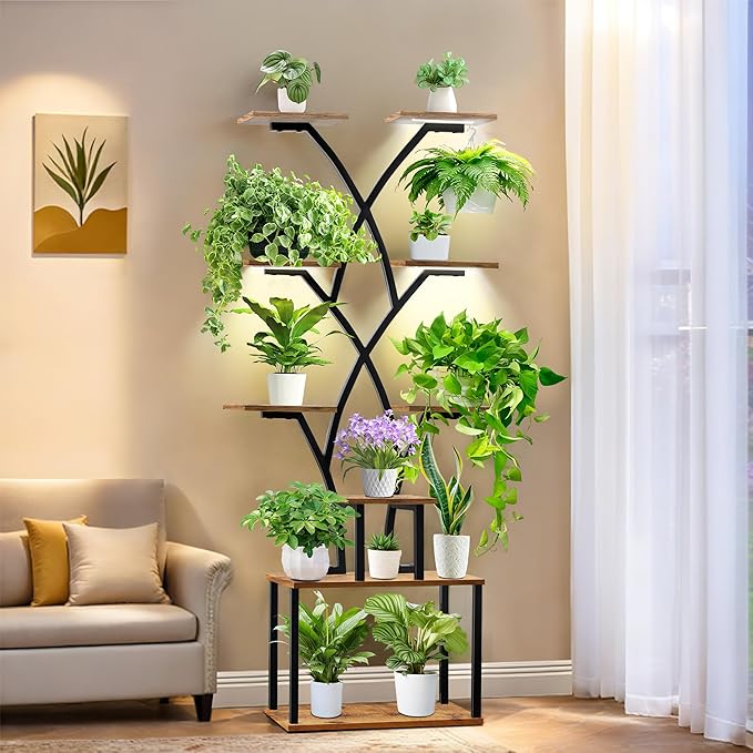 Plant Stand Indoor with Grow Light, for Indoor Plants Multiple, Metal Humen-Shaped Plant Flower Holder, for Living Room, Balcony, Patio