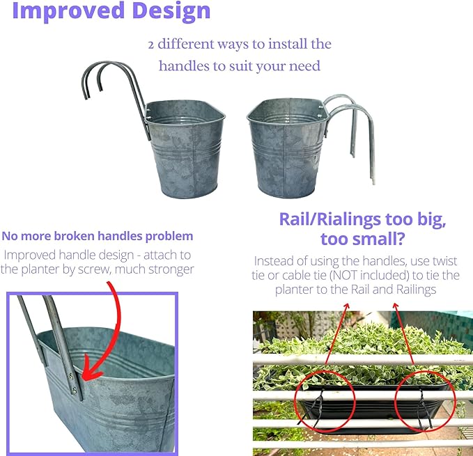 LaLaGreen Outdoor Rail Planter (11.2 Inch, 4 Pack) Silver Metal Iron Hanging Flower Pots Deck Railings Fence Buckets Modern Countryside Boho Style Wall Mount Window Box Plant Holder Hooks Porch Decor