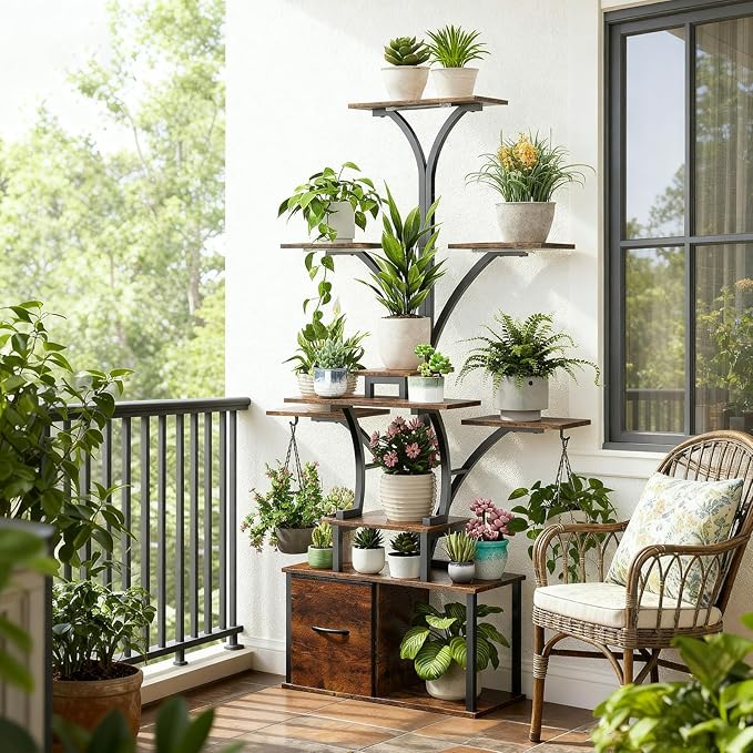 Tree-shaped 63" Tall Plant Stand Indoor with Grow Light 3 Color Modes - 10 Tiered Plant Shelf with Drawer, 10 Brightness Levels, Timer, Wide Base, Lighted Corner Plant Stands for Living Room, Balcony