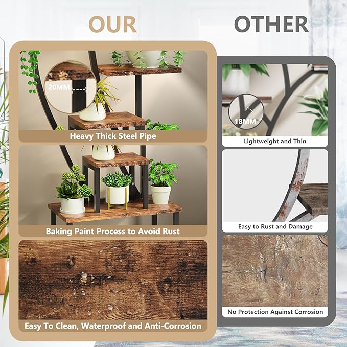 ROOMTEC Plant Stand Indoor with Grow Lights, 9 Tiered Indoor Plant Stand, 63" Metal Plant Shelf, Tall Plant Stands Indoor Multiple Stands for Living Room, Patio