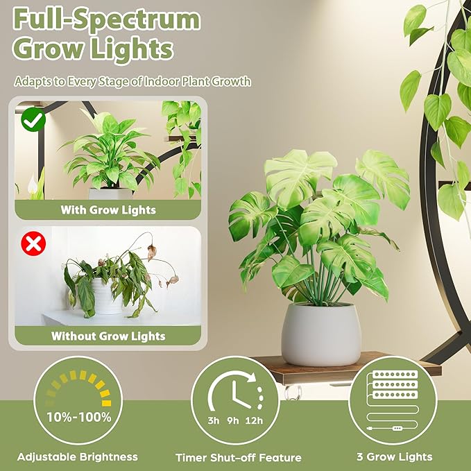 Plant Stand Indoor with Grow Lights, 6 Tiered Indoor Plant Shelf, 48'' Corner Plant Stands for Indoor Plants, Lighted S-Shaped Plant Rack, Tall Flower Holder Display for Living Room, Home (Black)
