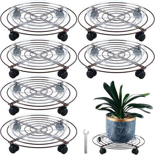 6 Packs Large Metal Plant Caddy with Wheels 14" Rolling Plant Stands Heavy-duty Wrought Iron Plant Roller Base Pot Movers Plant Saucer on Wheels Bronze