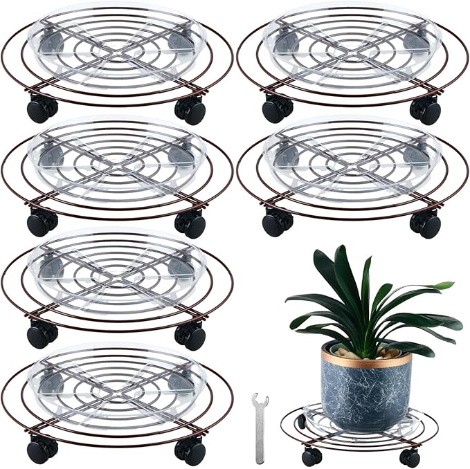6 Packs Large Metal Plant Caddy with Wheels 13" Rolling Plant Stands Heavy-duty Wrought Iron Plant Roller Base Pot Movers Plant Saucer on Wheels Bronze