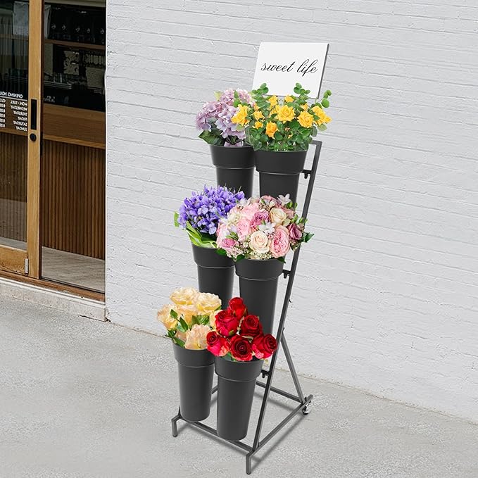 3 Tier 6 Black Bucket Flower Display Stand, Iron Decorative Flower Display Stand Indoor Outdoor Flower Cart Ladder Shelf Metal Moving Bouquet Shelf with Wheels for Garden Courtyard Florist