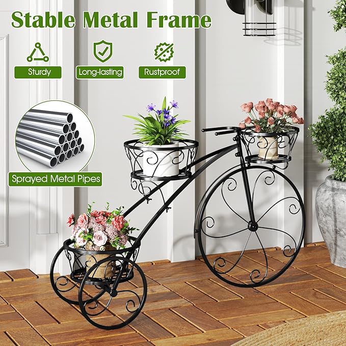 Tricycle Plant Stand, 3-Tier Metal Plant Stand Bicycle Flower Pot Cart with Hollowed Baskets, Planter Potted Holder for Patio, Garden, Deck, Lawn (Black)
