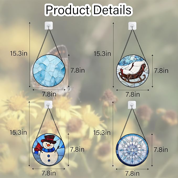 Stained Glass Window Hanging 4 Pcs Set Blue White Christmas Snowman Snowflake 7.8" - Suncatcher Door Garden Sun Catcher Decor Birthday Mother's Day Xmas Gifts for Mom Woman Nana Men