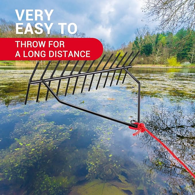 32" Aquatic Weed Rake, No Assembly Required, 8.6" Steel Rod Lake Weed Cutter, One-Piece Welding, Lake Weed Rake for Pond Beach Landscaping, Perfect Tie Hole, 30ft Thicker Rope and Net, Black.