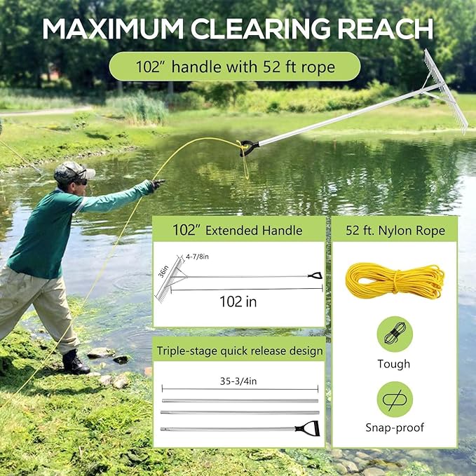 Floating Lake Rake, 36" Aluminum All Purpose Lake and Landscape Rake with 102'' Extension Handle and 52Ft Rope, Weed & Algae Removal, Yellow