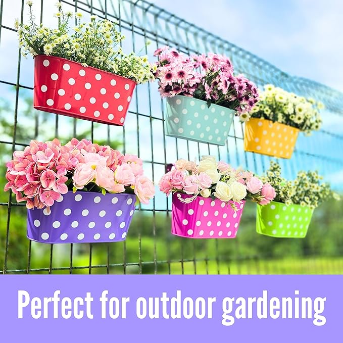 LaLaGreen Outdoor Hanging Planter (11.2 Inch, 6 Pack) Light Blue, Neon Pink, Dark Purple, Yellow, Red Cute Metal Iron Flower Pots Bucket Colorful Polka Dot Herb Deck Railing Fence Bucket Patio Decor