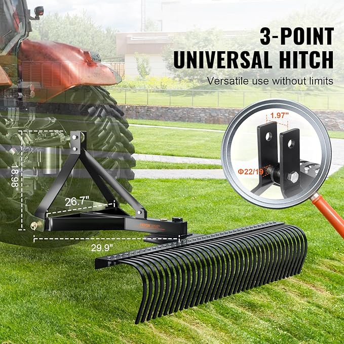 VEVOR Tow Behind Dethatcher, 72-inch Tow Dethatcher with 36 Steel Tines, 3-Point Lawn Dethatcher Rake with Attachments for Tractor, Landscape Rake for Garden, Farm, Grass
