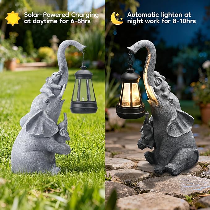 Solar Outdoor Garden Decor, Elephant Statue with Lantern for Patio, Yard Ornament and Lawn Decoration, Birthday Housewarming Gift for Mom, Wife, Gardeners