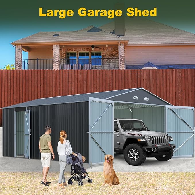 Metal Garage Shed 13x20 FT, Sheds & Outdoor Storage Clearance, Outdoor Storage Shed for Car, Truck, Bike, Lawnmower, Backyard Tool House, Boasting 2 Doors and 4 Vents, Dark Gray