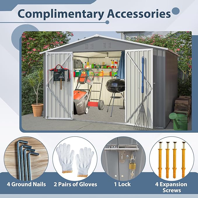 Favfurish 10×8 FT Metal Outdoor Storage Shed, Large Garden Sheds with Lockable Doors, All Weather Anti-Corrosion Galvanized Steel Tool House for Backyard Garden Lawn,Grey