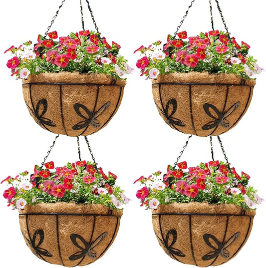 Metal 10 inch Round Planter, 4 Pack Hanging Wire Basket with Coco Fiber Liners for Outdoor Plants, Garden, Patio, Deck, Porch