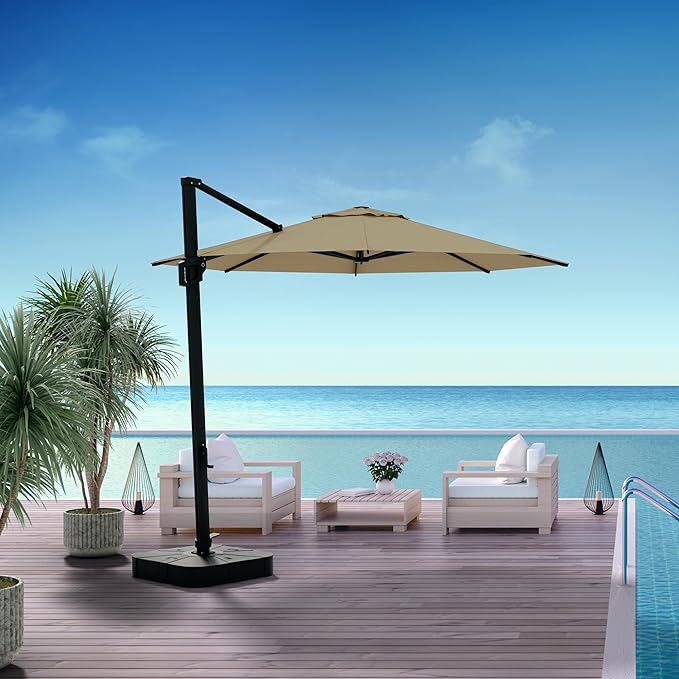Midtown Umbrellas 10 Ft Outdoor Cantilever Patio Umbrella w/Terylast Chestnut Beige Fabric - Tilt 360° Offset Patio Umbrella, Deck Patio Umbrella, Backyard Umbrella & Garden Umbrella - Black Frame