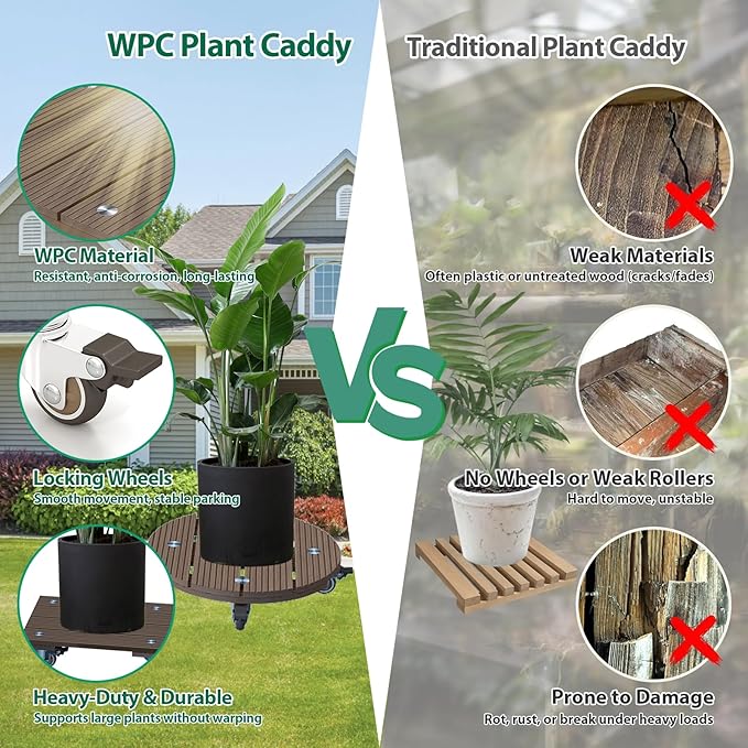 mondaria 2 Pack Plant Caddy with Wheels, 13.8" Wood Plastic Composite Plant Stand, Heavy Duty Round Plant Dolly with Metal 360° Lockable Caster Wheels for Large Plant Pots, Flower Pot ,Dark Brown