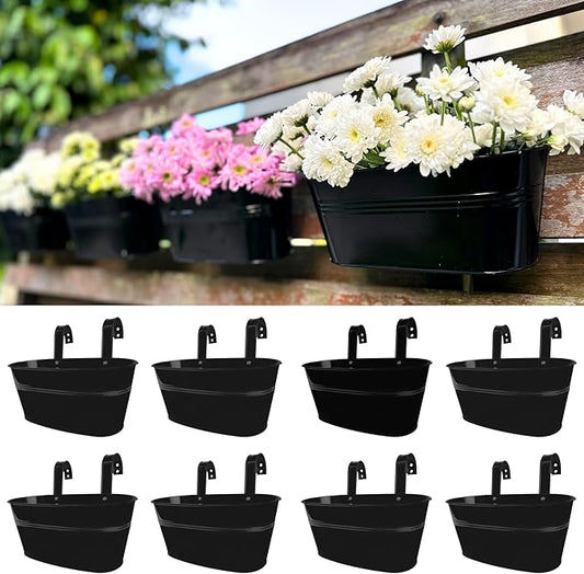 LaLaGreen Outdoor Plants Rail Planter (11.2 Inch, 8 Pack) Black Metal Iron Hanging Flower Pots Deck Railings Fence Buckets Modern Garden Boho Style Wall Mount Window Box Plant Holder Hooks Porch Decor