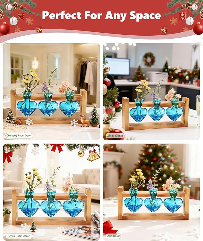 Nacome Plant Terrarium Propagation Stations: Christmas Gifts for Plant Lovers Women Mom Wife - Wooden Stand Tabletop Planter 3 Bulb Glass Vase Heart Shaped for Hydroponics Indoor Home Office Decor